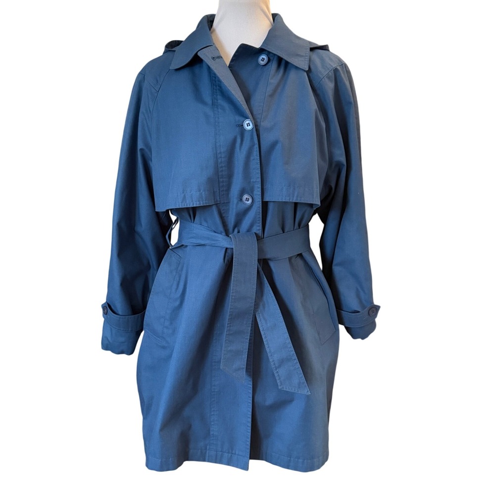 London Fog Trench Coat Women 8 Reg Blue Vintage Belted Hooded Plaid Liner USA